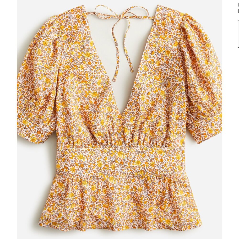 J.Crew Puff Sleeve V-Neck Yellow Orange Floral Top Size O